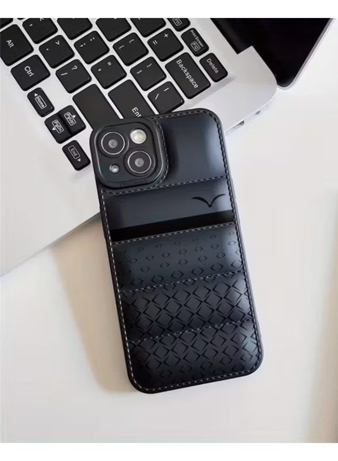 Temu A black, all-black puffer jacket-style phone case with stripes that provides shock resistance and camera protection, compatible with iPhone 15.