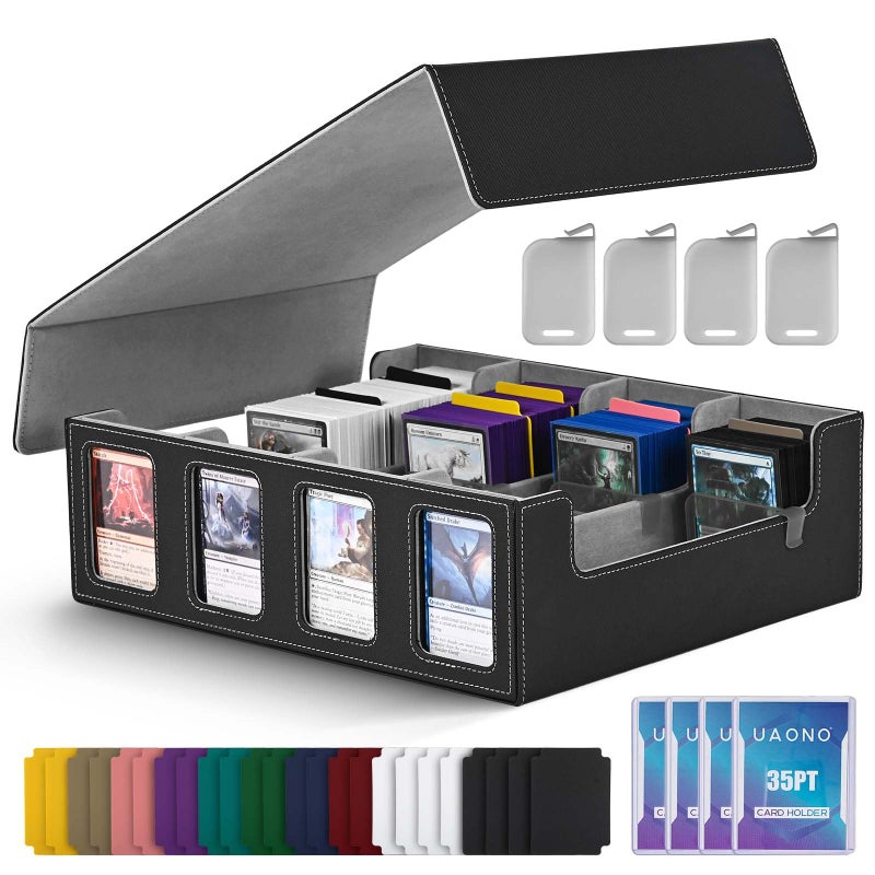 UAONO Trading Card Storage Box with Commander Display; 2400+ Deck Box for MTG with Removable Cover; Top Loaders Card Case fits Magic TCG PTCG Sports Cards; 24 Dividers, 4 Stoppers (Black, Grey) - Image 1