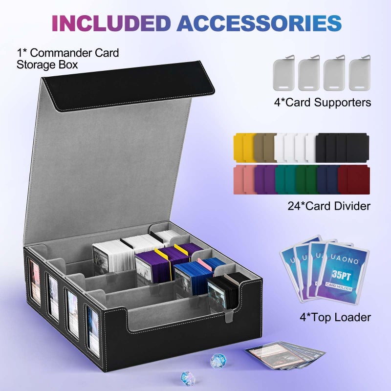 UAONO Trading Card Storage Box with Commander Display; 2400+ Deck Box for MTG with Removable Cover; Top Loaders Card Case fits Magic TCG PTCG Sports Cards; 24 Dividers, 4 Stoppers (Black, Grey) - Image 3