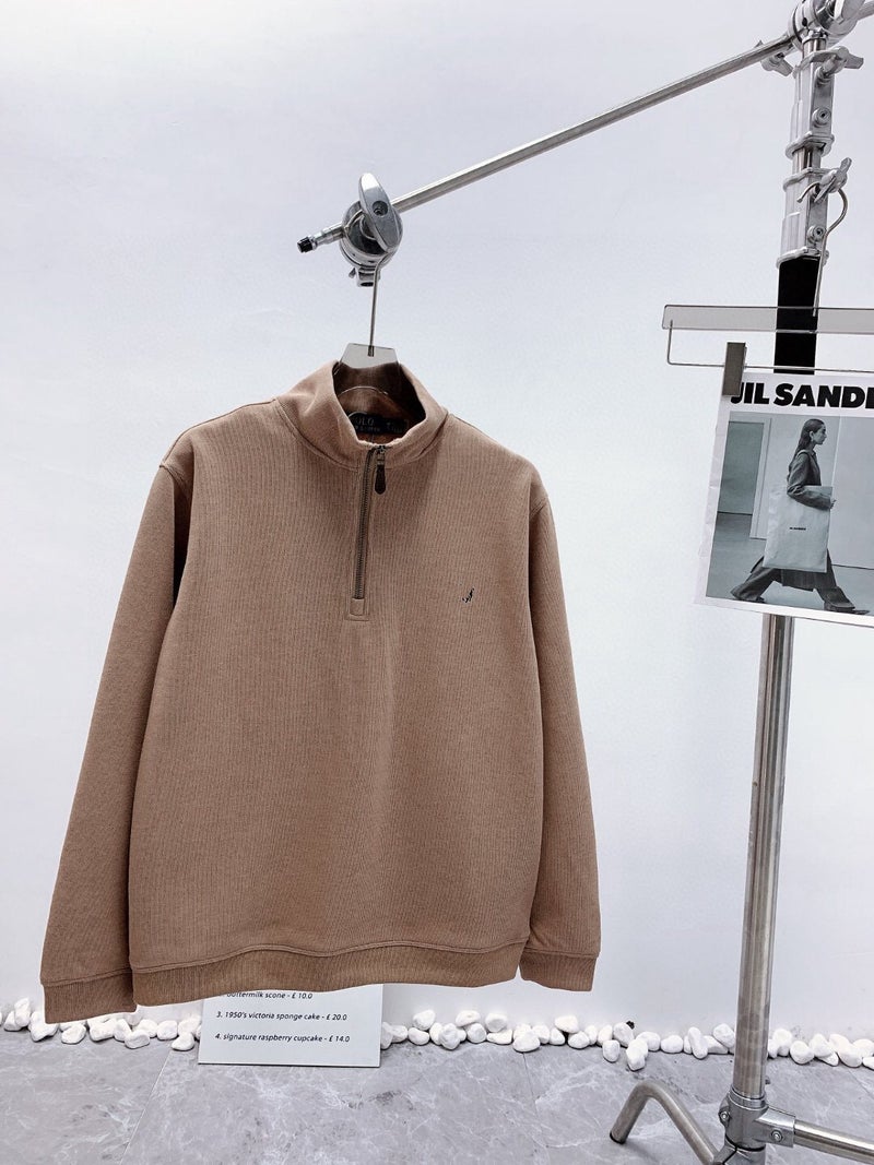 RL Spot High Version Ruff Half-zip Knitted Sweatshirt Pullover Pony Logo Embroider Casual Versatile Same Style for Men and Women Dark khaki color