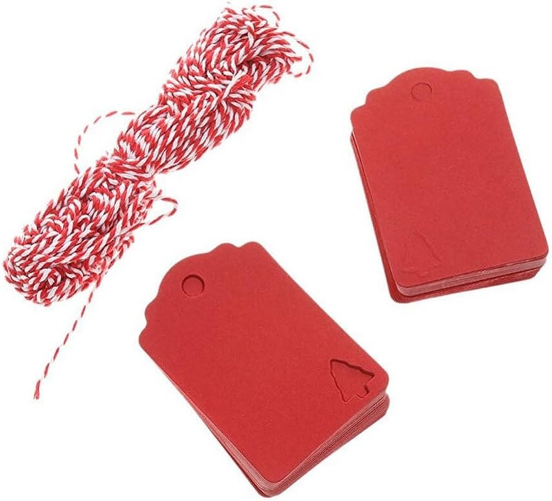 klarako Red Christmas Tree Hanging Tag: 100pcs Gift Tag with 10M Hemp Rope, Christmas Tree Design Kraft Paper Decor Present Gift Labels - Image 1