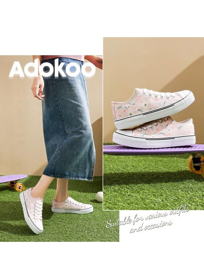 Adokoo Canvas Tennis Shoes for Women Low Top Casual White Black Sneakers for Women Lace Up Fashion Comfortable Walking Shoes, Pink Flower, 6 - Image 4