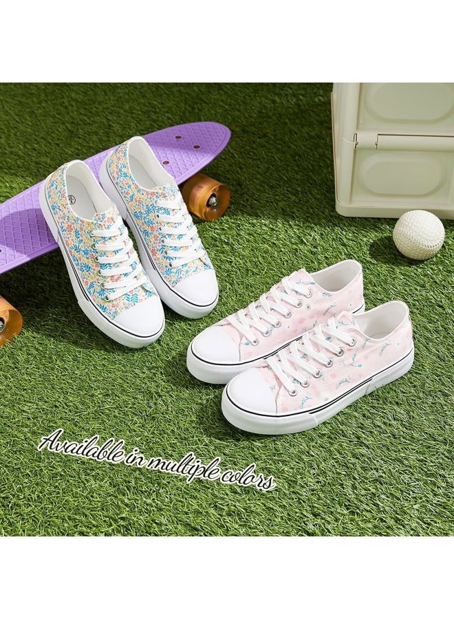 Adokoo Canvas Tennis Shoes for Women Low Top Casual White Black Sneakers for Women Lace Up Fashion Comfortable Walking Shoes, Pink Flower, 6 - Image 5