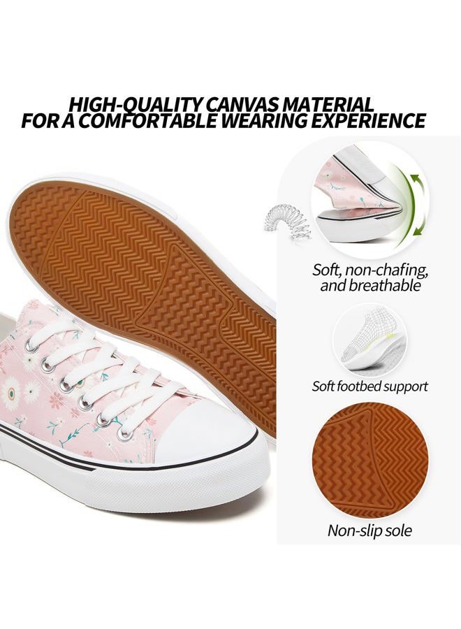 Adokoo Canvas Tennis Shoes for Women Low Top Casual White Black Sneakers for Women Lace Up Fashion Comfortable Walking Shoes, Pink Flower, 6 - Image 2