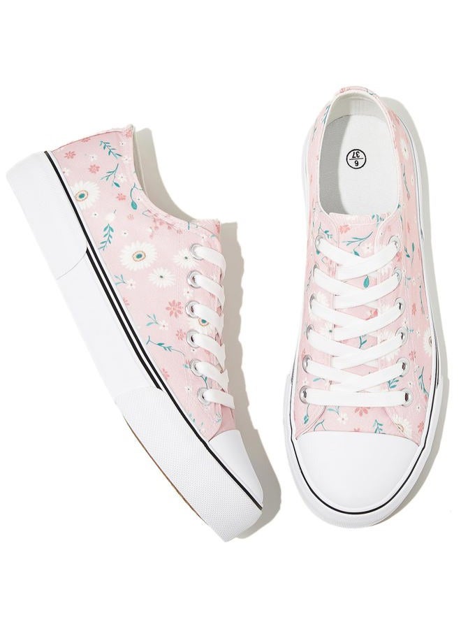 Adokoo Canvas Tennis Shoes for Women Low Top Casual White Black Sneakers for Women Lace Up Fashion Comfortable Walking Shoes, Pink Flower, 6 - Image 1