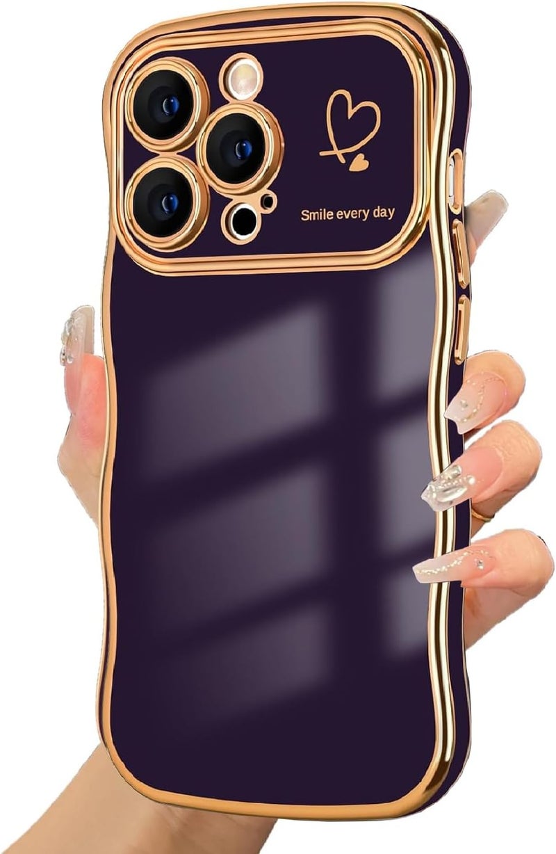 guppy for iPhone 16 Pro Case for Women Girls, Cute Wave Frame Curly Shape with Love Heart Pattern Raised Camera Protection Cover Soft TPU Luxury Plating Shockproof Phone Case, Dark Purple - Image 1