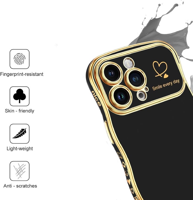 guppy for iPhone 16 Pro Case for Women Girls, Cute Wave Frame Curly Shape with Love Heart Pattern Raised Camera Protection Cover Soft TPU Luxury Plating Shockproof Phone Case, Dark Purple - Image 3