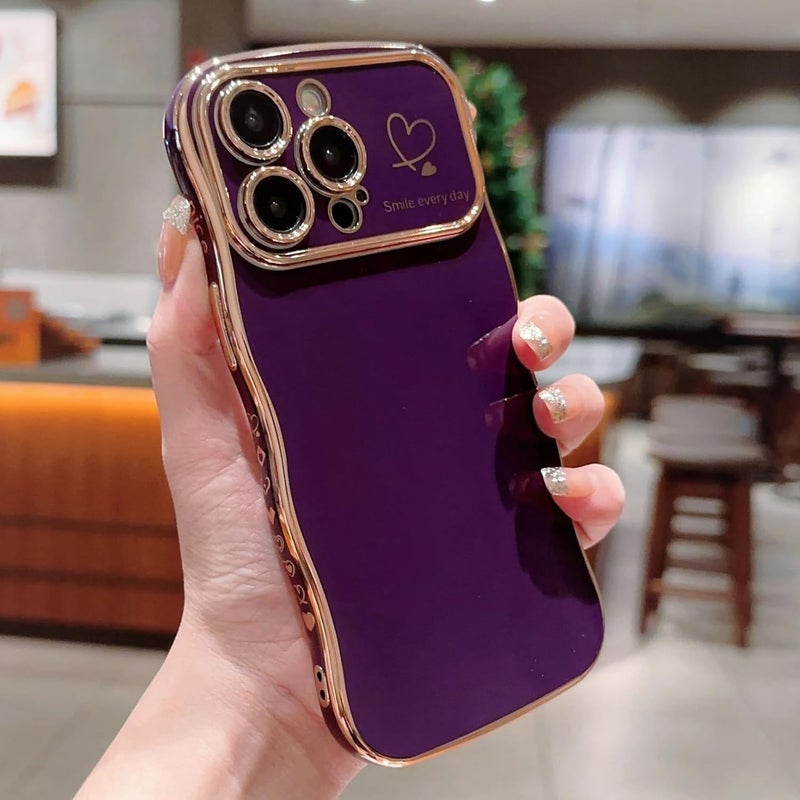 guppy for iPhone 16 Pro Case for Women Girls, Cute Wave Frame Curly Shape with Love Heart Pattern Raised Camera Protection Cover Soft TPU Luxury Plating Shockproof Phone Case, Dark Purple - Image 2
