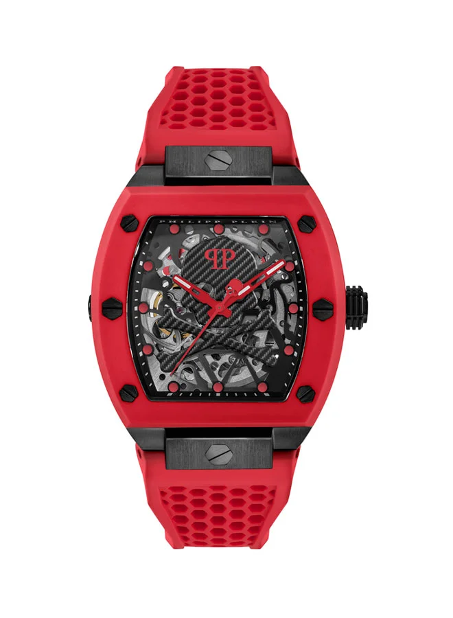 فيليب بلين The $keleton Men's Automatic Watch, Bold Red Silicone Strap, Exposed Skeleton Dial, Stainless Steel Case, 44x49.5mm