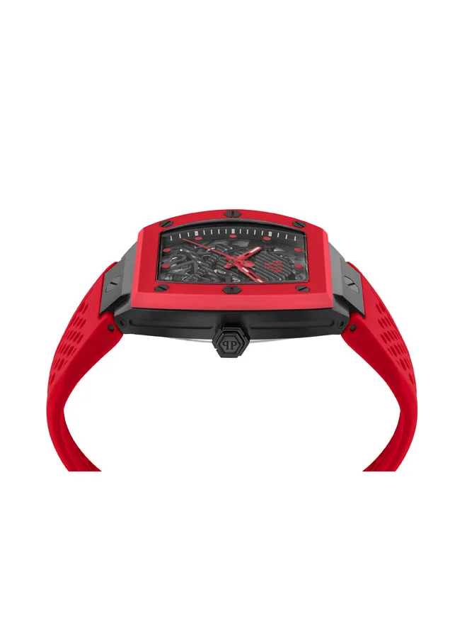 فيليب بلين The $keleton Men's Automatic Watch, Bold Red Silicone Strap, Exposed Skeleton Dial, Stainless Steel Case, 44x49.5mm
