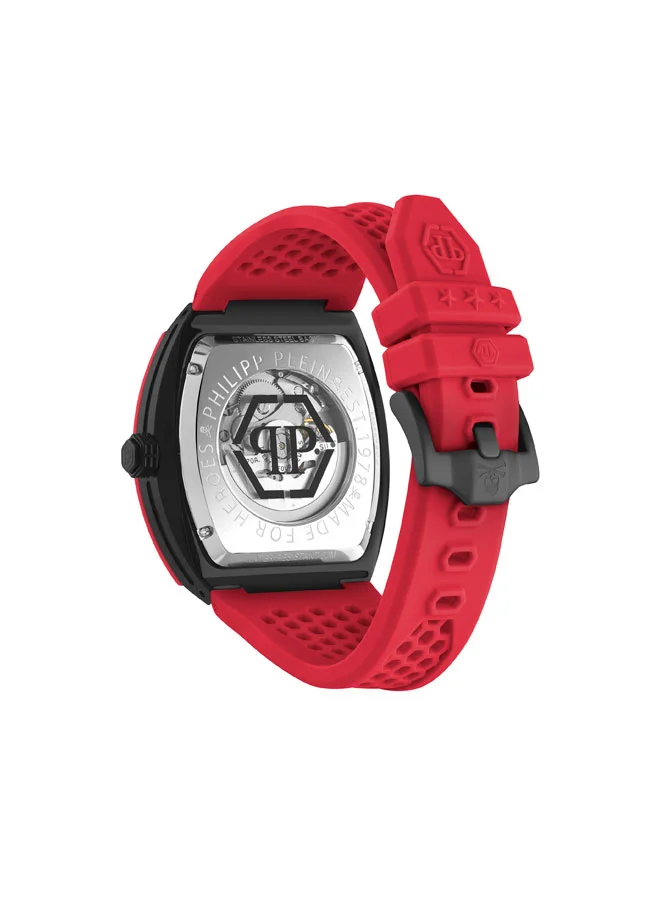 فيليب بلين The $keleton Men's Automatic Watch, Bold Red Silicone Strap, Exposed Skeleton Dial, Stainless Steel Case, 44x49.5mm