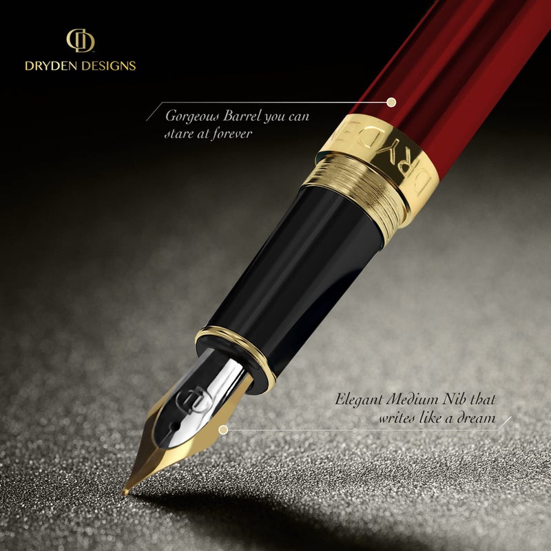 Dryden Designs Fountain Pen. Medium Nib Premium Box | 6 Ink Cartridges Included (Royal Red) - Image 2