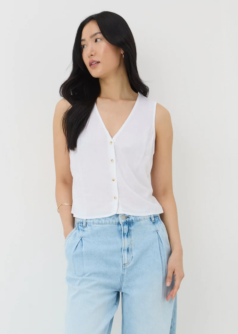 Matalan White Linen Blend Button Up Vest Top
