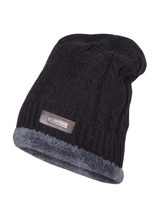 Krystle Boy's Woolen Cotton Warm Winter Hat Knit Cap with Inside Fur Beanie (Black)