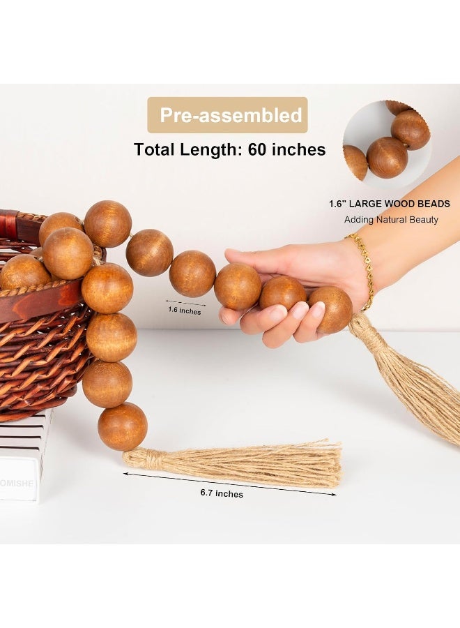 OMISHE OMISHE 58" Long Large Wood Bead Garland with 1.6" Diameter Wooden Beads and Tassels, Rustic Farmhouse Country Wood Beads Garland for Home Tiered Tray Decor, Decorative Beads with Tassels Brown  - Image 4