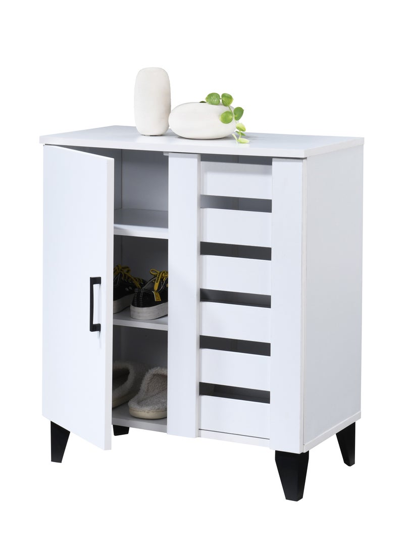 دبيلو تي- إيزي كير خزانة أحذية خشبية بثلاث طبقات، بيضاء اللون - باب شبكي مزود بفتحات تهوية للتخزين، مصنوعة من خشب هندسي متين، إغلاق مغناطيسي، منظم عصري ومدمج للمداخل وغرف النوم وغرف المعيشة