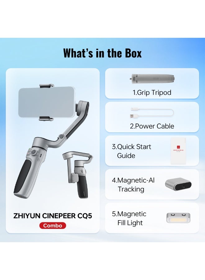 ZHIYUN CINEPEER CQ5 Combo [Official] Gimbal Stabilizer for Smartphone, 3-Axis Phone Gimbal with AI Tracker, Magnetic Fill Light, Extension Rod, Voice Control, Phone Stabilizer for iPhone & Android