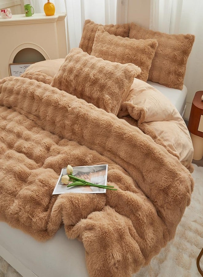 chovy طقم لحاف تشوفي كوفي كوفي المصنوع من الفرو الصناعي الناعم بنقشة شبكة الخبز، مقاس كوين - طقم سرير من 3 قطع، دافئ للغاية، ناعم، لطيف على البشرة، مصنوع من الفلانيل المخملي، رقيق وناعم (لحاف × 1، غطاء وسادة × 2) - Image 3