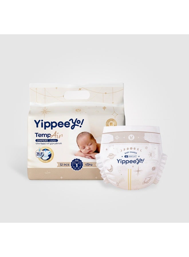 Yippeeyo TempAir Baby Diapers | Size 1 for ≤5 kg |Ultra-Soft & Breathable | 12-Hour Dryness | Individually Wrapped | 32pcs Total - Image 1