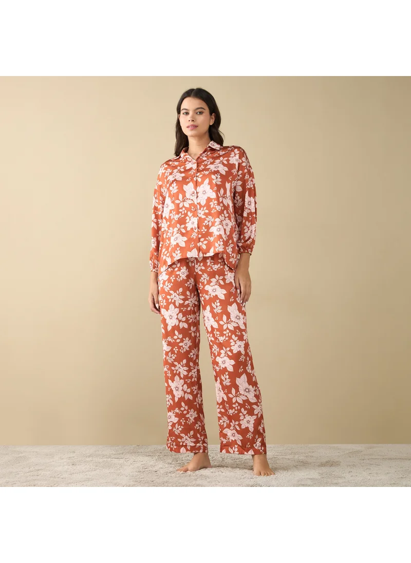 FAV All-Over Floral Printed Shirt with Long Sleeves and Pyjama Set