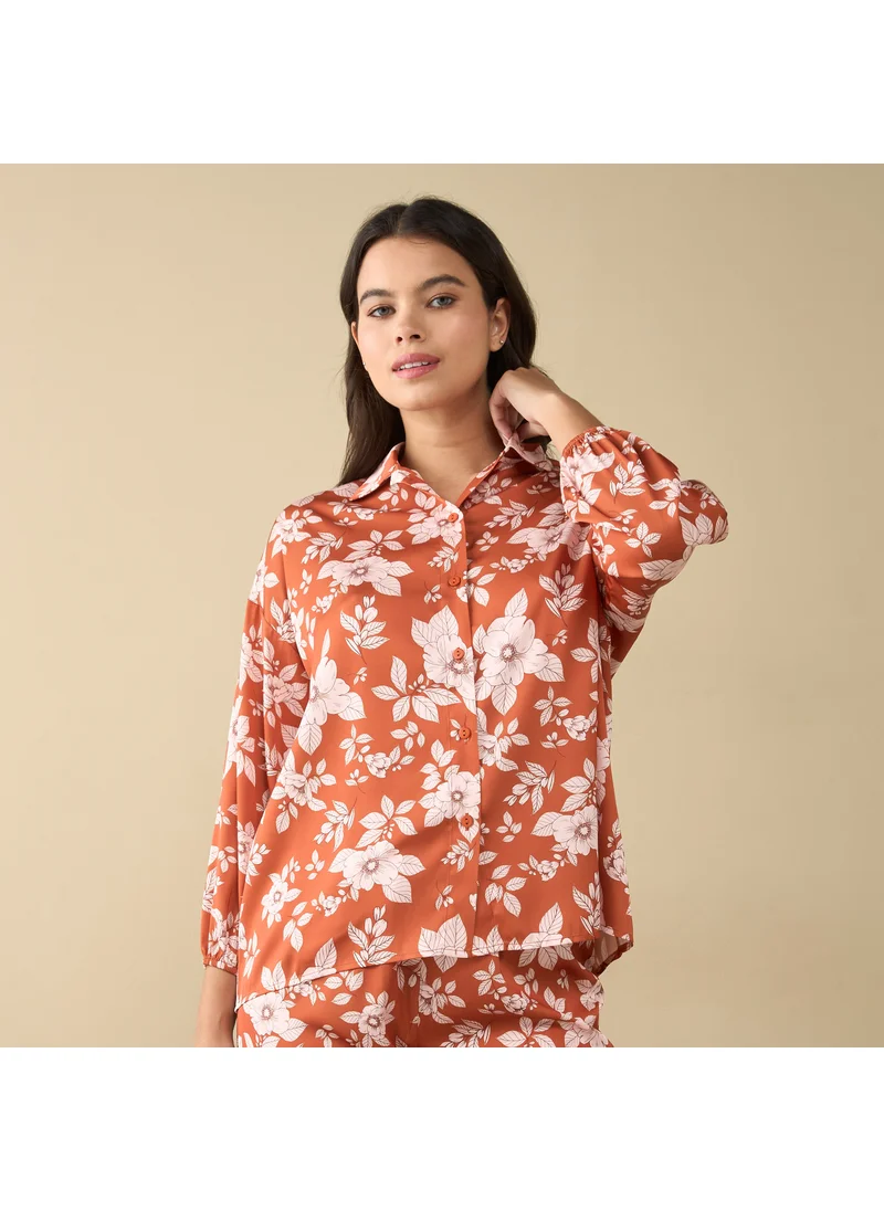 FAV All-Over Floral Printed Shirt with Long Sleeves and Pyjama Set