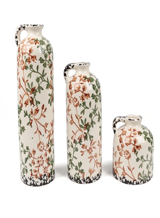 BestYiJo Ceramic Vase Set of 3, Vintage Green & Beige Hand-Painted Chinese Floral Vases - Rustic Farmhouse Decor for Living Room, Kitchen, Bookshelf | Grand Millennial Home Gift - Image 1