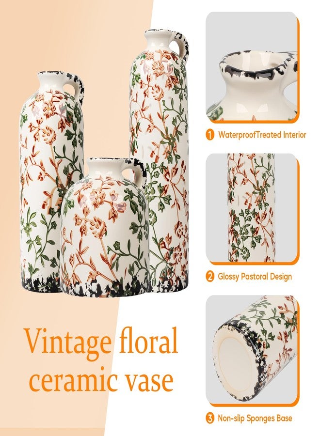 BestYiJo Ceramic Vase Set of 3, Vintage Green & Beige Hand-Painted Chinese Floral Vases - Rustic Farmhouse Decor for Living Room, Kitchen, Bookshelf | Grand Millennial Home Gift - Image 5