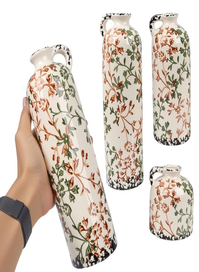 BestYiJo Ceramic Vase Set of 3, Vintage Green & Beige Hand-Painted Chinese Floral Vases - Rustic Farmhouse Decor for Living Room, Kitchen, Bookshelf | Grand Millennial Home Gift - Image 3