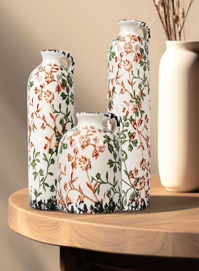 BestYiJo Ceramic Vase Set of 3, Vintage Green & Beige Hand-Painted Chinese Floral Vases - Rustic Farmhouse Decor for Living Room, Kitchen, Bookshelf | Grand Millennial Home Gift - Image 2
