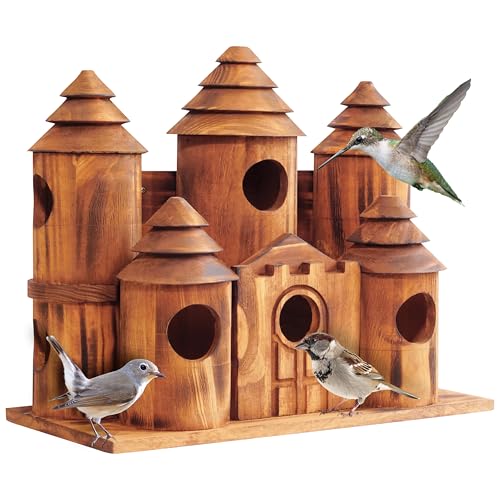 MIXUMON Wooden Bird Houses for Outside – 8 Rooms Castle-Style Bird House, Carbonized Pine Rustic Finish, 1.57" Entrance Holes, Decorative Outdoor Bird Nesting Box (Rustic, 8 Rooms) - Image 1