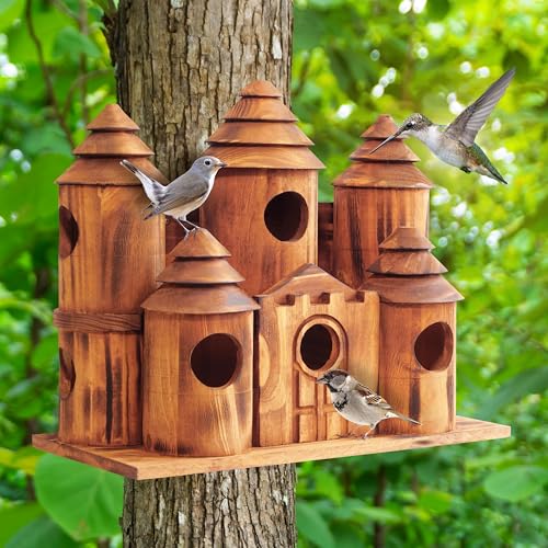 MIXUMON Wooden Bird Houses for Outside – 8 Rooms Castle-Style Bird House, Carbonized Pine Rustic Finish, 1.57" Entrance Holes, Decorative Outdoor Bird Nesting Box (Rustic, 8 Rooms) - Image 4