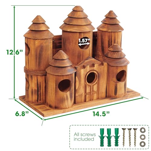 MIXUMON Wooden Bird Houses for Outside – 8 Rooms Castle-Style Bird House, Carbonized Pine Rustic Finish, 1.57" Entrance Holes, Decorative Outdoor Bird Nesting Box (Rustic, 8 Rooms) - Image 3
