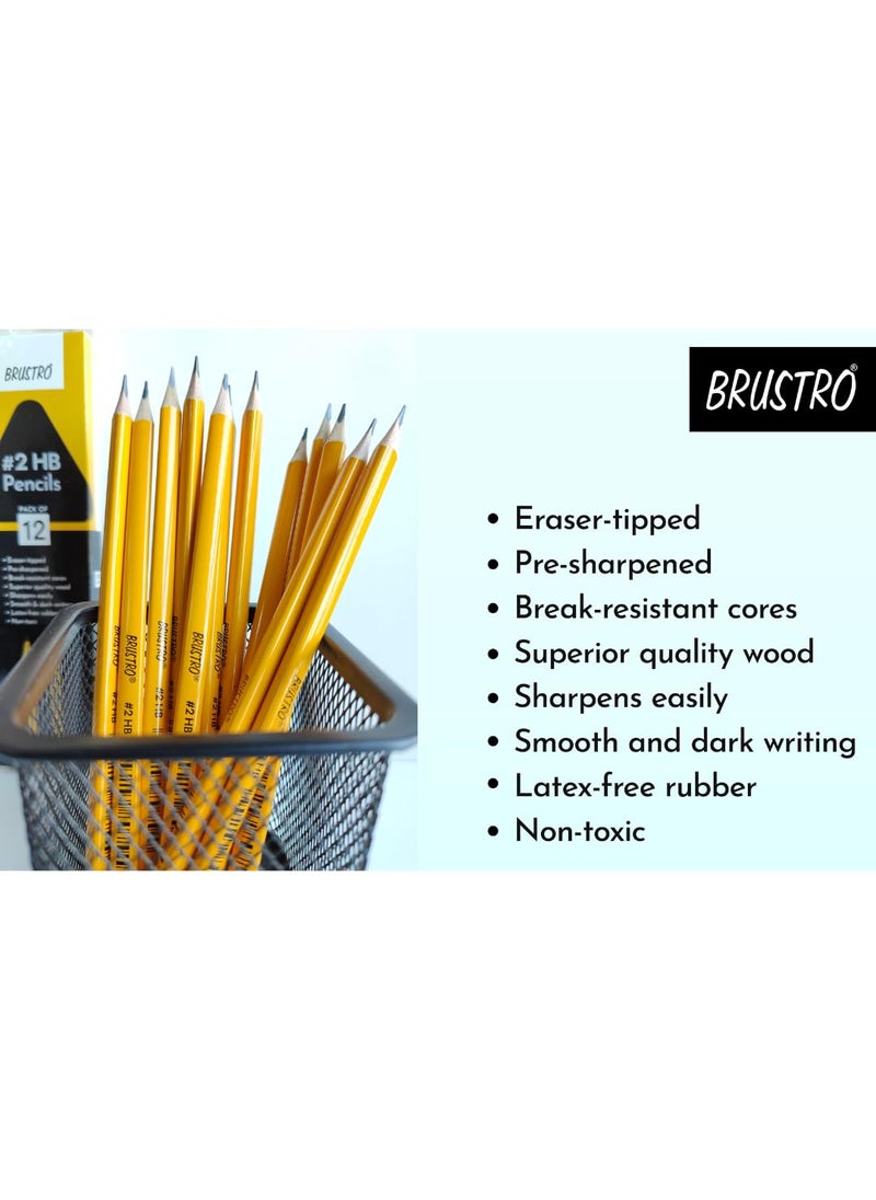 BRUSTRO 2HB Pencils Pack of 12 Strong Grip Extra Dark with Eraser Tip PreSharpened Smooth Handwriting Drawing Sketching Mandala Graphite Ideal for Students and Adults School Office use