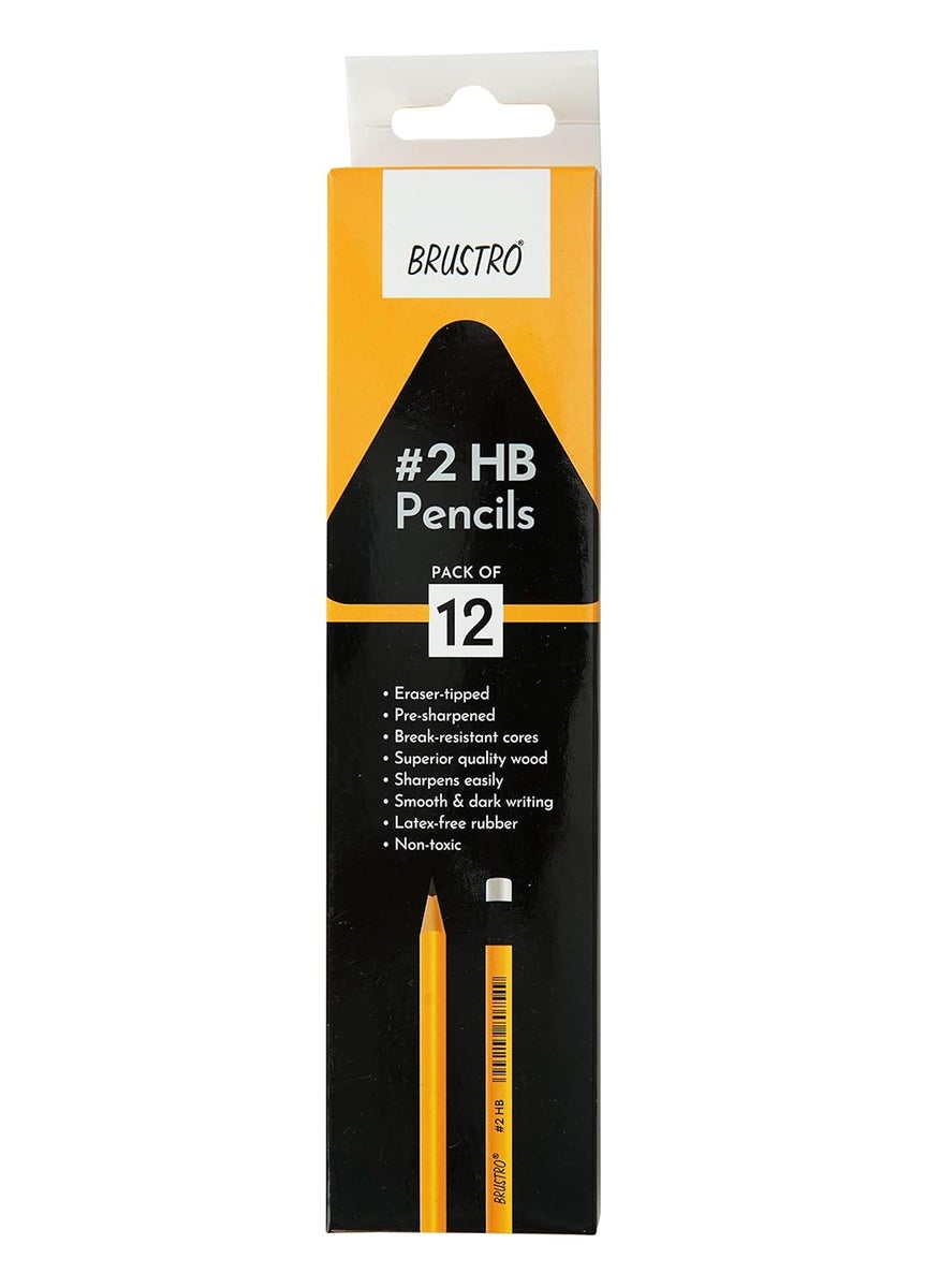 BRUSTRO 2HB Pencils Pack of 12 Strong Grip Extra Dark with Eraser Tip PreSharpened Smooth Handwriting Drawing Sketching Mandala Graphite Ideal for Students and Adults School Office use