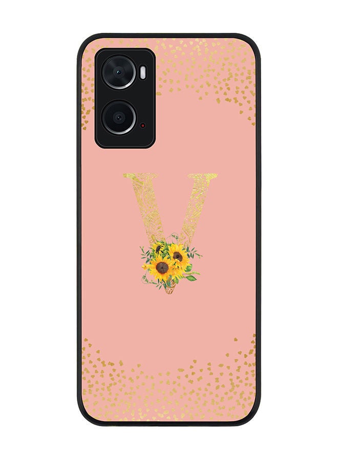 Stylizedd Rugged Black edge case for Oppo A96 4G/A36/A76 Slim fit Soft Case Flexible Rubber Edges Anti Drop TPU Gel Thin Cover - Custom Monogram Initial Letter Floral Pattern Alphabet - V (Rose Pink ) - Image 1