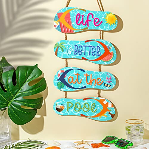 Panelee Wooden Beach Wall Hanging Decor Sign Beach Decorations for Bathroom Flip Flop Wall Decorations Summer Ocean Sign for Home Spring Summer Tropical Coastal(Pool) - Image 1