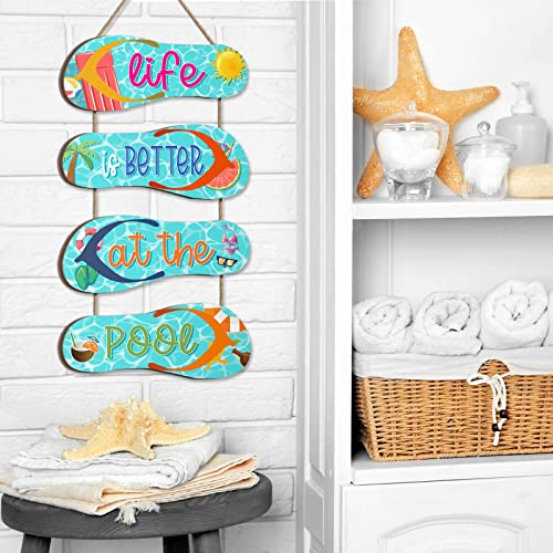 Panelee Wooden Beach Wall Hanging Decor Sign Beach Decorations for Bathroom Flip Flop Wall Decorations Summer Ocean Sign for Home Spring Summer Tropical Coastal(Pool) - Image 3