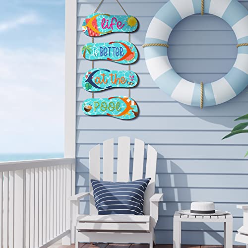 Panelee Wooden Beach Wall Hanging Decor Sign Beach Decorations for Bathroom Flip Flop Wall Decorations Summer Ocean Sign for Home Spring Summer Tropical Coastal(Pool) - Image 5