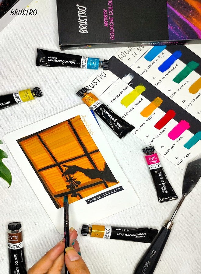 BRUSTRO Artists Gouache Colour Paint Set of 24x12ml With Synthetic Brush Set of 15,Short Handle (In a Premium Zippered Brush Wallet) |Ideal for Paper,Canvas Painting,Fine Art Students,Professionals - Image 5