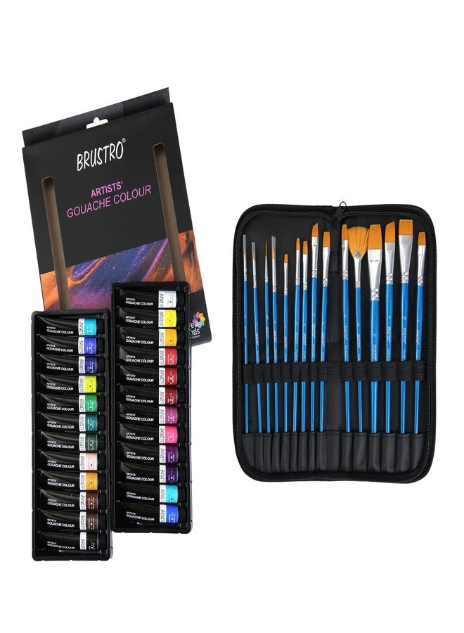 BRUSTRO Artists Gouache Colour Paint Set of 24x12ml With Synthetic Brush Set of 15,Short Handle (In a Premium Zippered Brush Wallet) |Ideal for Paper,Canvas Painting,Fine Art Students,Professionals - Image 1