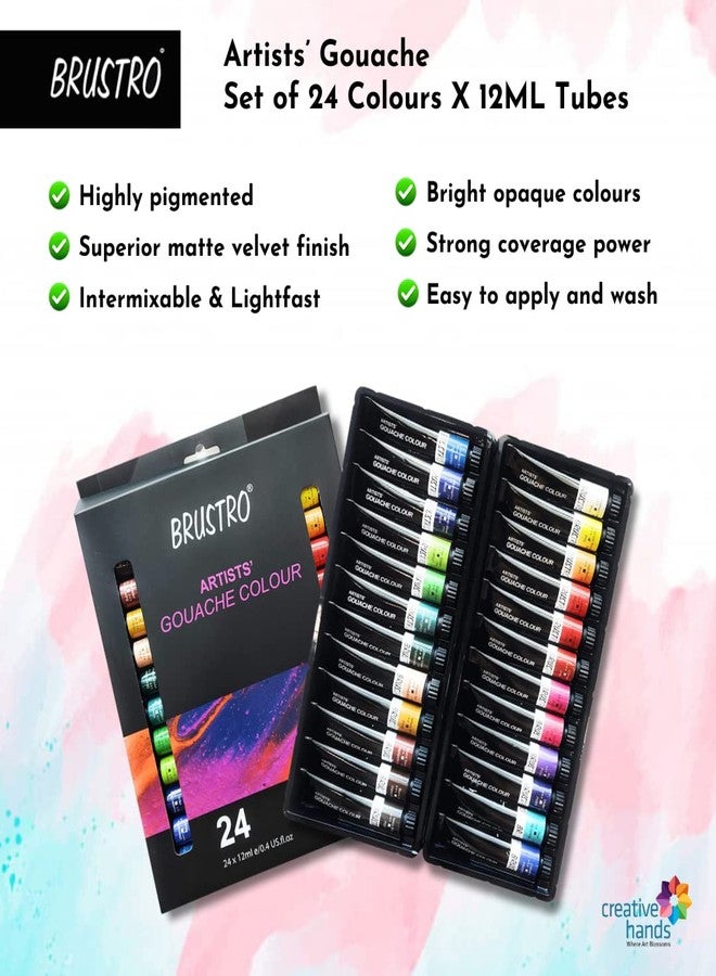 BRUSTRO Artists Gouache Colour Paint Set of 24x12ml With Synthetic Brush Set of 15,Short Handle (In a Premium Zippered Brush Wallet) |Ideal for Paper,Canvas Painting,Fine Art Students,Professionals - Image 3