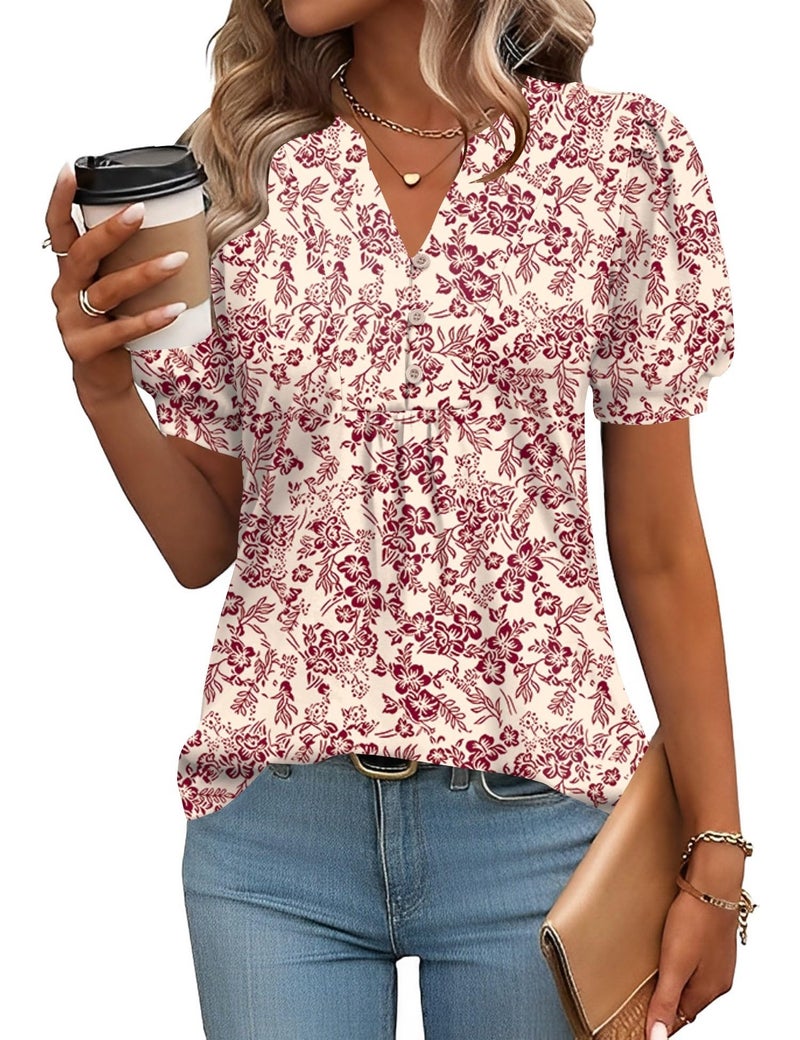 IECCP Puff Short Sleeve Womens Tops Button Up V-Neck Shirts Loose Fit Dressy Casual Blouses Pleated Ladies Tunic to Wear with Leggings (White Red Floral,M) - Image 1