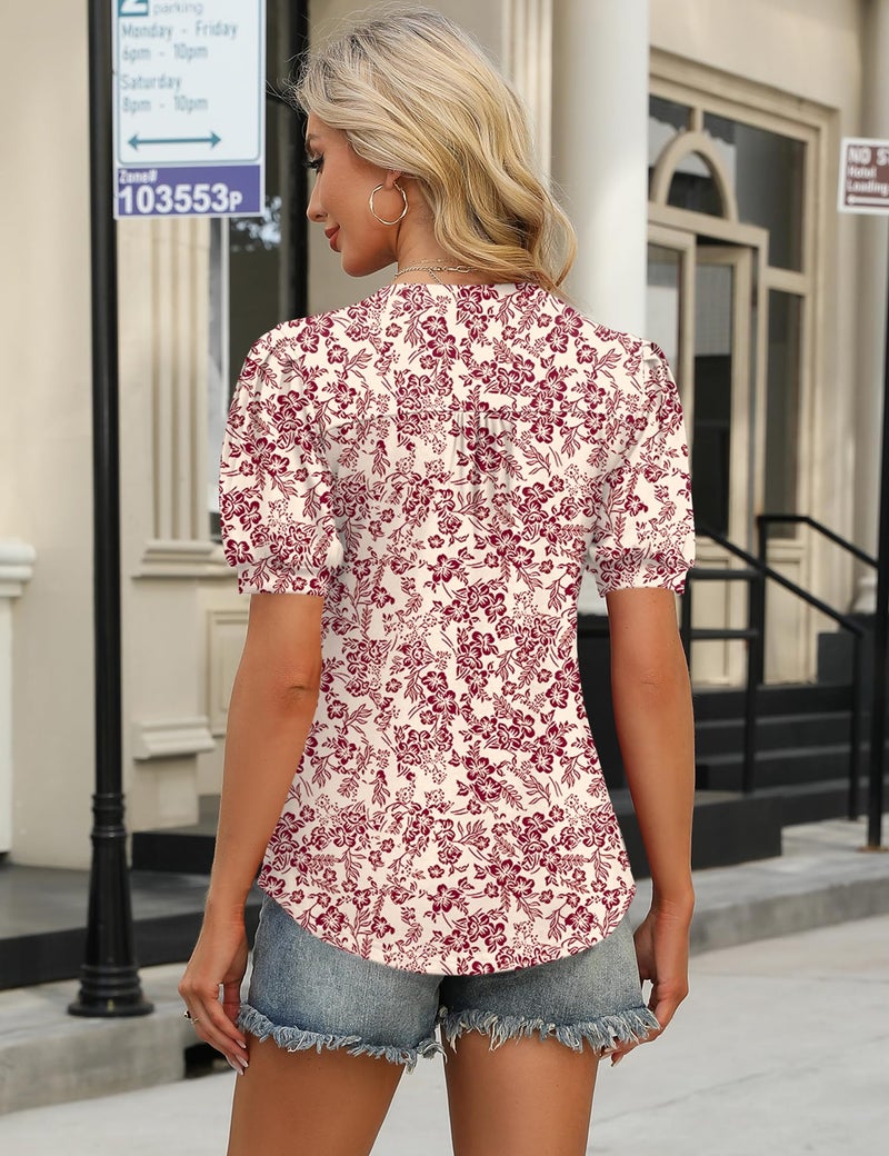 IECCP Puff Short Sleeve Womens Tops Button Up V-Neck Shirts Loose Fit Dressy Casual Blouses Pleated Ladies Tunic to Wear with Leggings (White Red Floral,M) - Image 3