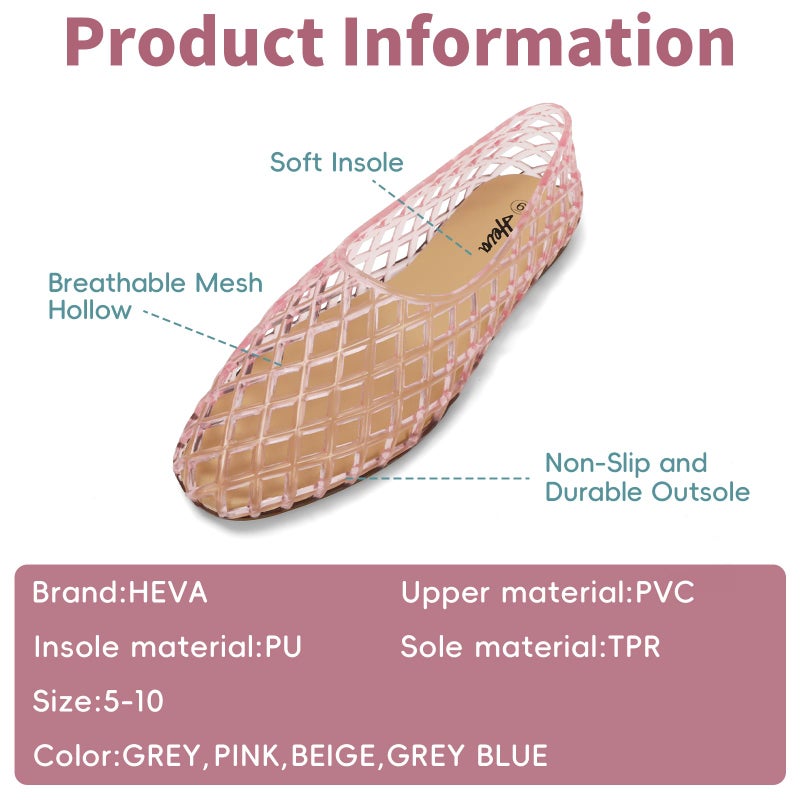 HEVA Women's Jelly Mesh Flats Breathable Clear Hollow Shoes Summer Beach Jellies Ballet Sandals(9 M US Pink) - Image 2