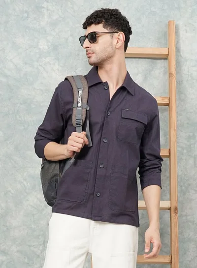 ذا انديان كراج كو Men Slim Fit Solid Full Sleeves Cutaway Collar Street Wear Over Shirt