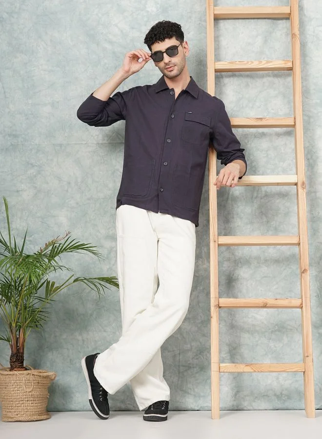 ذا انديان كراج كو Men Slim Fit Solid Full Sleeves Cutaway Collar Street Wear Over Shirt