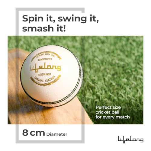 Lifelong Cricket Leather Ball | 4-Piece Hand-Stitched | Genuine Leather | Premium Lacquer Finish | High Abrasion Resistance | ICC Standard Weight 156g | Ideal for 20 Over Match & Training | White - Image 2