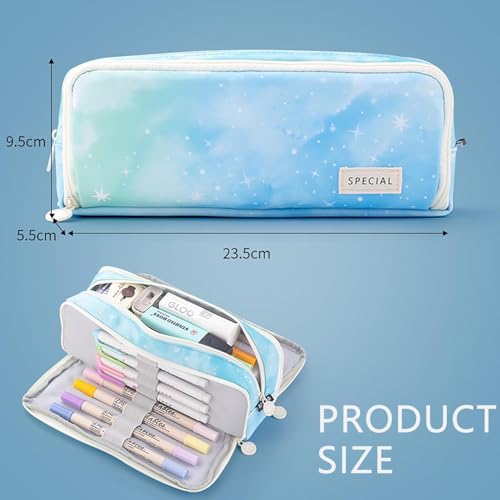 Parshya Large Pencil Case 3 Compartments Pencil Pouch Big Capacity Pencil Bag Oxford Stationery Storage Pen Bag Cosmetic Makeup Pouch for Women (Rainbow Blue) - Image 3