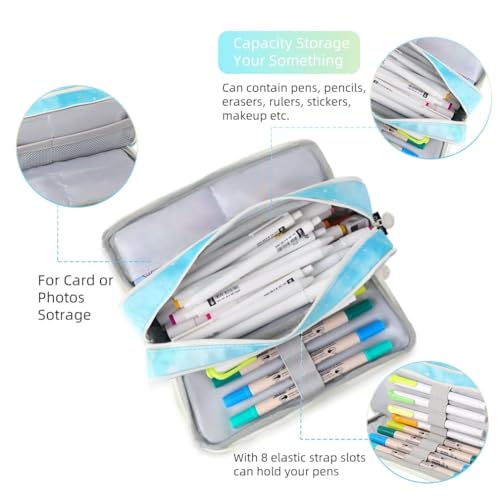 Parshya Large Pencil Case 3 Compartments Pencil Pouch Big Capacity Pencil Bag Oxford Stationery Storage Pen Bag Cosmetic Makeup Pouch for Women (Rainbow Blue) - Image 5