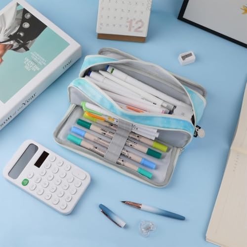 Parshya Large Pencil Case 3 Compartments Pencil Pouch Big Capacity Pencil Bag Oxford Stationery Storage Pen Bag Cosmetic Makeup Pouch for Women (Rainbow Blue) - Image 4